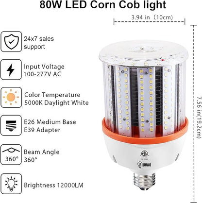 80W Led Corn light bulbs , 12000 Lumen LED Corn Bulb 800W Equivalent 5000K Daylight White Lamp,E26/E39 Medium Mogul Base,2-Pack Large Area Lights For Outdoor Indoor Warehouse Garage High Bay Lighting