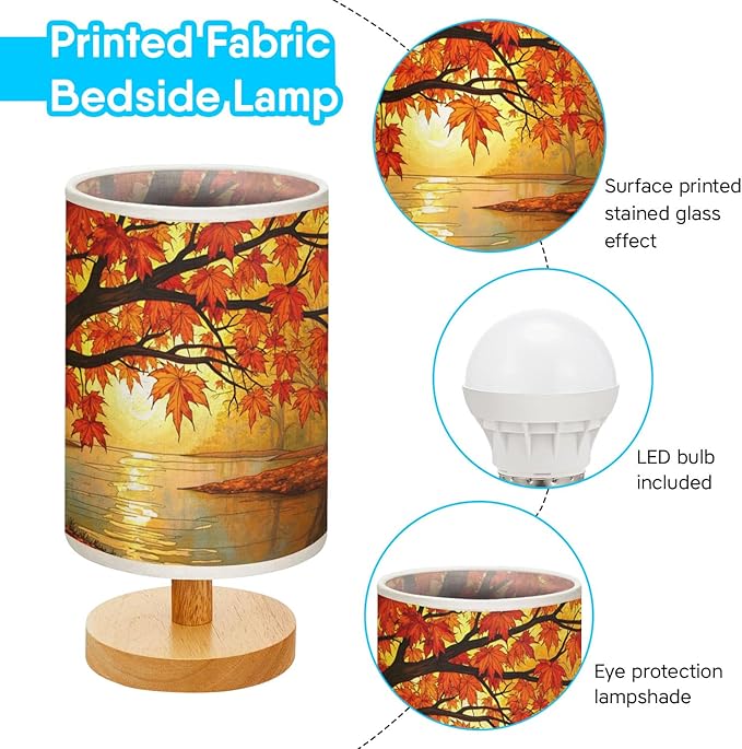 Sugar Maple Trees Table Lamp LED 3-Color Pressed Bedside, Sugar Maple Trees Shade Lamp with Wood Base for Bedroom Living Room Desk Office