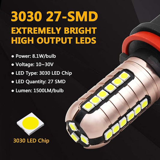PHINLION H11 LED Fog Light Bulbs, Super Bright 3030 27-SMD H8 H16 LED Bulb Replacement for DRL or Fog Lights, 6000K Xenon White, Pack of 2