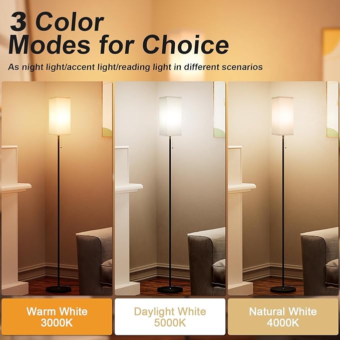 Floor Lamps for Living Room Bedroom - 3 Color Temperature Black Floor Lamp Set of 2, Modern Standing Lamps with Pull Chain Switch Beige Shade, Tall Lamp for Corner Office(2 Pack)