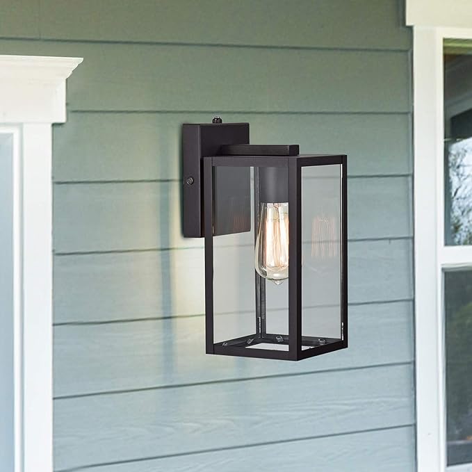 MICSIU Dusk to Dawn Outdoor Lighting with E26 Base Socket, 11 Inch Clear Glass Exterior Wall Sconce, Black Outside Lights for House, Porch, Garage, Doorway, Pathway