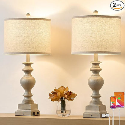 30“ Set of 2 Farmhouse Table Lamps with USB A+C & AC Outlet, Vintage Bedroom Touch Bedside Lamp Nightstand Traditional Side Table Lamp for Living Room Office