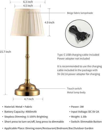 KDG Cordless LED Table Lamp Set of 2, Portables Fabric Shade Desk Lamps, 4000mAh Rechargeable Battery Powered Lighting, Dimmable Light for Dining Room, Bedroom, Bedside, Night Light, Balcony (Bronze)