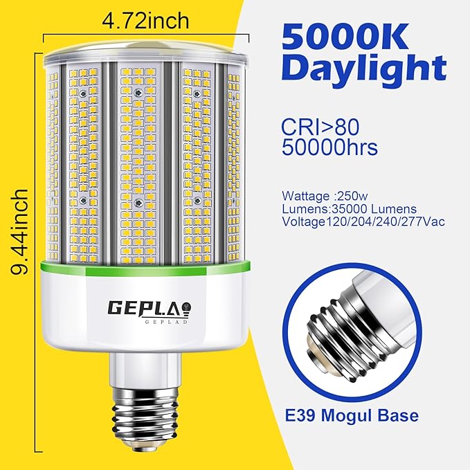 GEPLAD 2-Pack 250W E39 Mogul Base LED Bulb, 5000K Daylight 35,000LM LED Corn Light Bulb(Eqv.1000w Mh/Hps/Hid), for Garage Factory Workshop Warehouse Barn(Non-Dimmable)