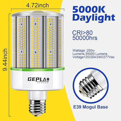 GEPLAD 2-Pack 250W E39 Mogul Base LED Bulb, 5000K Daylight 35,000LM LED Corn Light Bulb(Eqv.1000w Mh/Hps/Hid), for Garage Factory Workshop Warehouse Barn(Non-Dimmable)