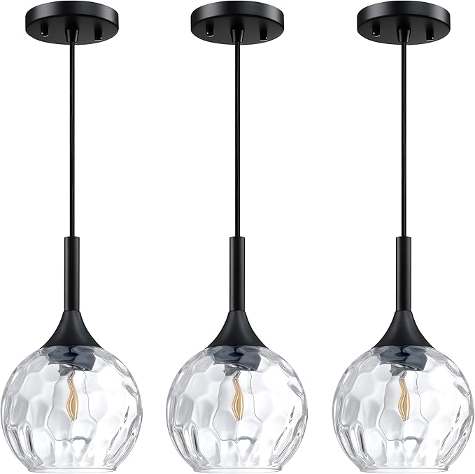 Doraimi Lighting 6.3" Texture Glass Pendant Light 3 Pack Pendant Ceiling Light Fixtures Black Finish Modern Farmhouse Dinning Over Sink Adjustable Height Rod