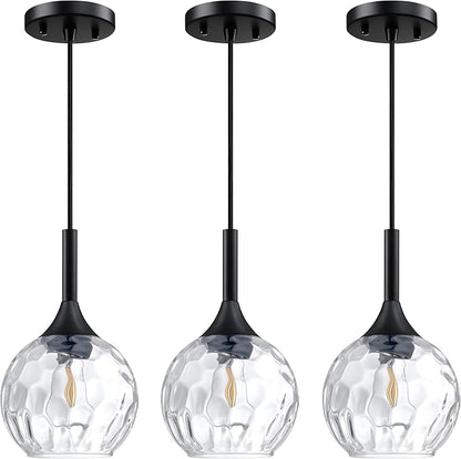 Doraimi Lighting 6.3" Texture Glass Pendant Light 3 Pack Pendant Ceiling Light Fixtures Black Finish Modern Farmhouse Dinning Over Sink Adjustable Height Rod