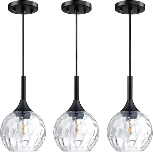Doraimi Lighting 6.3" Texture Glass Pendant Light 3 Pack Pendant Ceiling Light Fixtures Black Finish Modern Farmhouse Dinning Over Sink Adjustable Height Rod