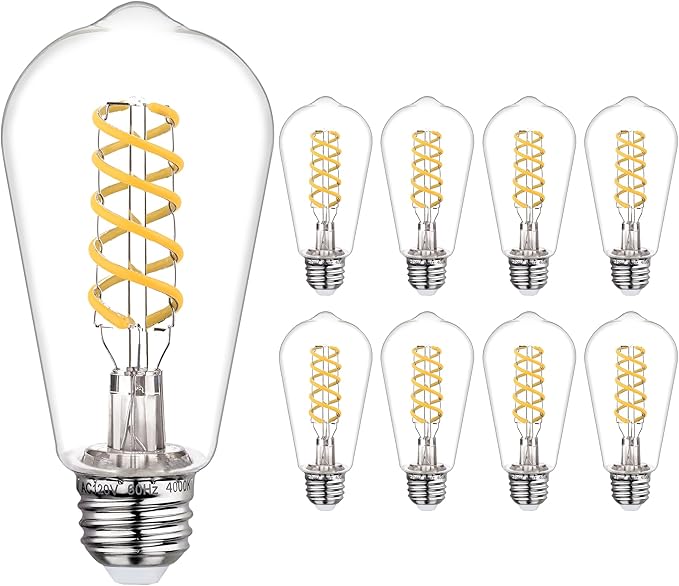 8 PCS Dimmable Vintage LED Edison Bulbs, 6W Equivalent 60 Watt, Natural White 4000K, Antique Flexible Spiral LED Filament Light Bulb, ST58 (ST19), 600 Lumens, E26 Base, Clear Plastic