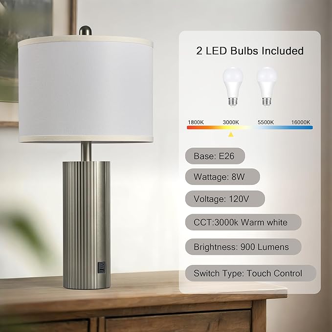 Table Lamps for Living Room Set of 2, 24.5" Modern Table Lamps for Bedroom with USB C+A Ports, Creative Stripe Touch Lamps for Nightstand, 2 Bulbs Included