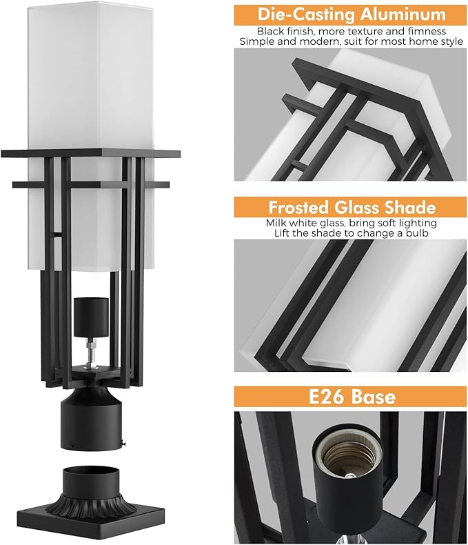 Outdoor Post Light Fixture - Aluminum Lamp Posts Outdoor Lighting, Outdoor Lightpost Lantern with 3-Inch Pier Mount Base Outside Pole Lighting for Porch Garnden (17.3''H, 1 pc)