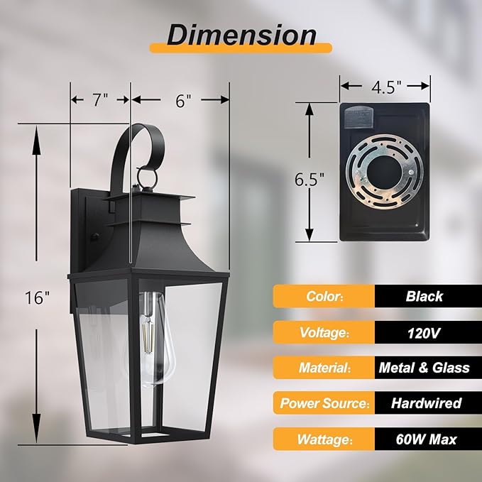 𝟏𝟔 𝐈𝐍𝐂𝐇 Outdoor Wall Light Fixtures, Dusk to Dawn Outdoor Lighting Wall Mount with E26 Sockets & Clear Glass Shades, Waterproof Exterior Black Porch Lights for Front Door Garage Patio