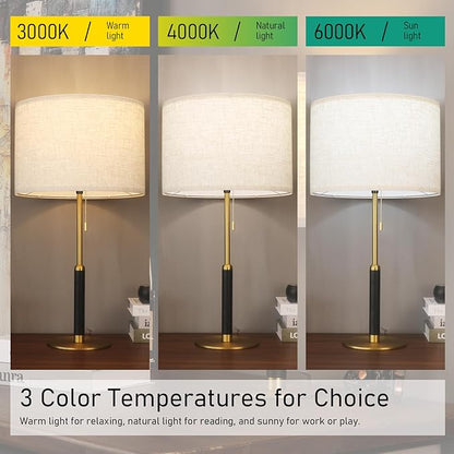 26.4" Living Room Modern Table Lamp Bedside Lamps for Bedroom 3-Color Temperatures Pull Chain Switch Nightstand Lamp for End Tables Wood Fabric for Home/Office/Desk Decor (Light Brown+Brass)