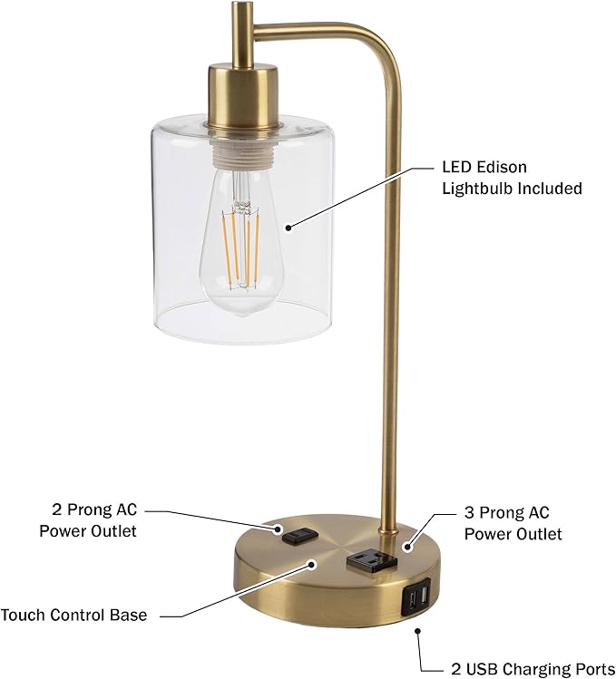 Lavish Home Set of 2 Table Lamps - Industrial Lamps with USB Ports, Touch Control, and Edison Bulb - Living Room, Office, or Bedroom Decor (Gold)