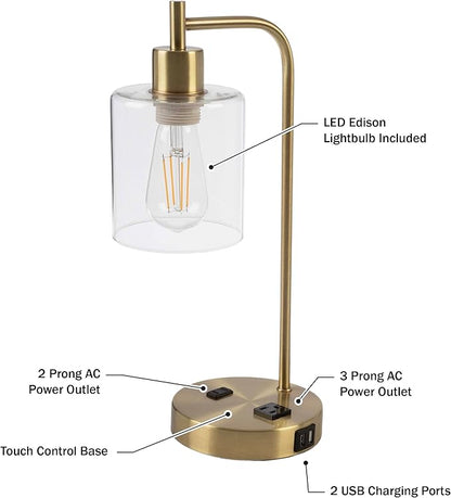 Lavish Home Set of 2 Table Lamps - Industrial Lamps with USB Ports, Touch Control, and Edison Bulb - Living Room, Office, or Bedroom Decor (Gold)