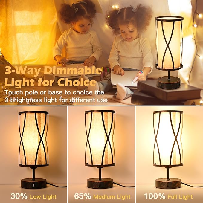 Distressed Table Lamps for Living Room, 3 Way Dimmable Touch Lamps, Small Bedside Lamps with LED Bulbs, USB Ports C+A, Nightstand Lamp for Kids Room, Bedroom, Office (1 Pack Iron)