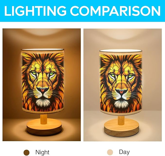 Lion Table Lamp LED 3-Color Pressed Bedside, Lion Shade Lamp with Wood Base for Bedroom Living Room Desk Office TL01