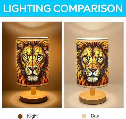 Lion Table Lamp LED 3-Color Pressed Bedside, Lion Shade Lamp with Wood Base for Bedroom Living Room Desk Office TL01