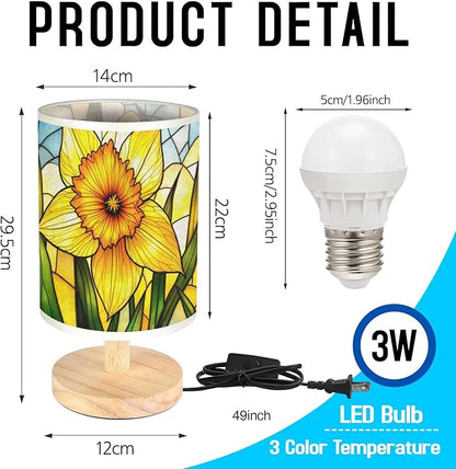 Daffodil Table Lamp LED 3-Color Pressed Bedside, Daffodil Shade Lamp with Wood Base for Bedroom Living Room Desk Office TL01