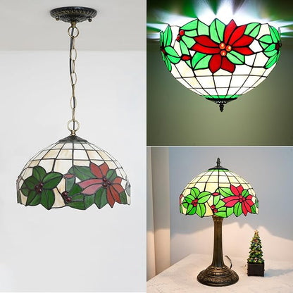 Tiffany Lamp Shade Replacement, 12 Inches Christmas Tree Red Flowers Stained Glass Vintage Handmade Cute Decor Ceiling Light Shade for Table Lamp Pendant Light