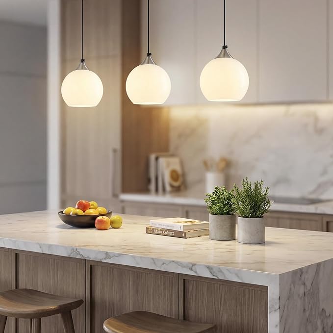 Milky Luster Glass Pendant Lights Kitchen Island Globe Pendant Light Fixtures Modern Pendant Lighting for Bedroom Living Dining Room Light Fixture (5.9 in, 3 Pack)