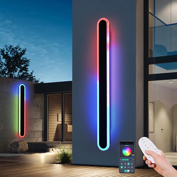 TODOLUZ 2-Pack 60-Inch RGB Long Linear Outdoor Wall Light Fixture, IP65 Waterproof 36W Dimmable LED Wall Sconce Lighting with Remote Control for Garage Doorway