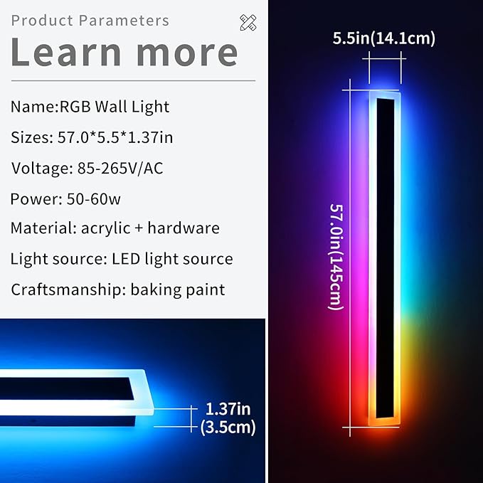 Widened 2 Pack Modern Exterior Lighting Fixtures, 57inch RGB Dimmable Outdoor Wall Sconces, 10 Colors, 5 Modes, IP65 Waterproof, Black Long LED Wall Mount Lights for Fence, Balcony, Garage