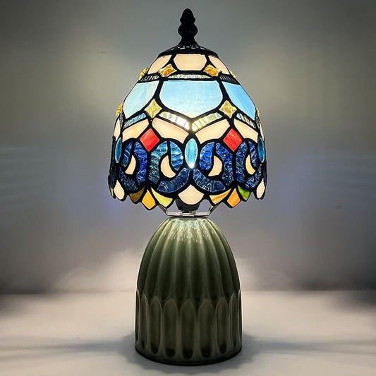 Tiffany Lamp Stained Glass Mushroom Table Lamps 6X6X12.5 Inch Blue Jewelry Baroque Style Small Night Light Ceramic Base Mini Accent Desk Light Suitable for Bedside Table Bedroom Children Room