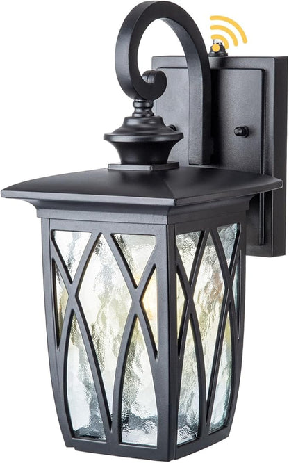 JYZ Dusk to Dawn Outdoor Wall Lantern, Craftsman Style Exterior Sconce Light with Water Ripple Glass, Traditional Porch Light Fixture Wall Mount Lamp for Front Porch Doorway Garage Patio Garden 14''