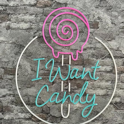 I Want Candy Neon Sign,Candy Shop Neon Sign, Custom Store Signage,Home Wall Kitchen Decor Coffee Bar Shop Store Decoration Business Sign Size:18 x 15.5inches