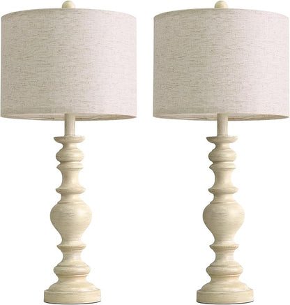 BOBOMOMO 27" Antique White Table Lamps Set of 2, Large Vintage Resin Lamps with Linen Shades, Farmhouse White Lamps for Bedroom, Living Room, or Console Table Elegant Home Décor
