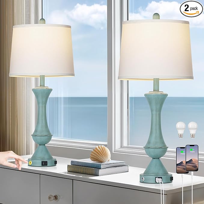 29" Coastal Tall Blue Table Lamps Set of 2 for Living Room, Touch Control Bedroom Lamps for Nightstand, 3-Way Dimmable Bedside Lamp with USB A+C Ports & AC Outlets (2 LED Bulbs Included)