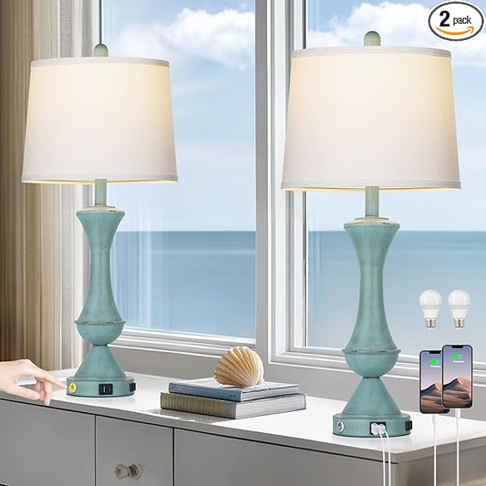 29" Coastal Tall Blue Table Lamps Set of 2 for Living Room, Touch Control Bedroom Lamps for Nightstand, 3-Way Dimmable Bedside Lamp with USB A+C Ports & AC Outlets (2 LED Bulbs Included)