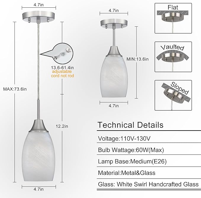 Mini Glass Pendant Light 4.72" White Swirl Pendant Lights 3-Pack Handblown White Art Oval Glass Hanging Pendant Light for Kitchen Island Dining Room Living Foyer Hallway Entry