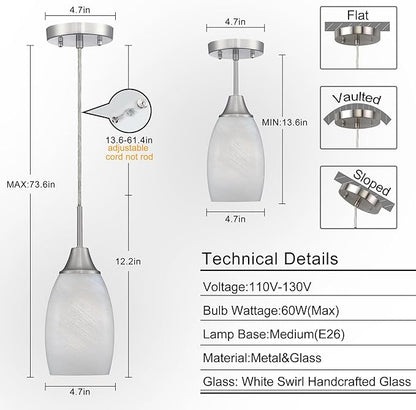 Mini Glass Pendant Light 4.72" White Swirl Pendant Lights 3-Pack Handblown White Art Oval Glass Hanging Pendant Light for Kitchen Island Dining Room Living Foyer Hallway Entry