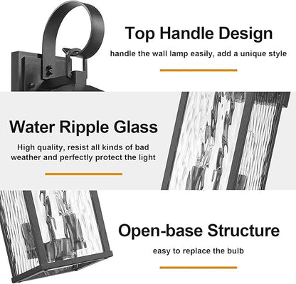 Porch Lights Outdoor Wall Light Fixtures Wall Mount, Modern Exterior Lighting Fixtures with Water Ripple Glass Waterproof, 2-Light E12 Sockets Outside Garage Lights for House Patio, 2 Pack