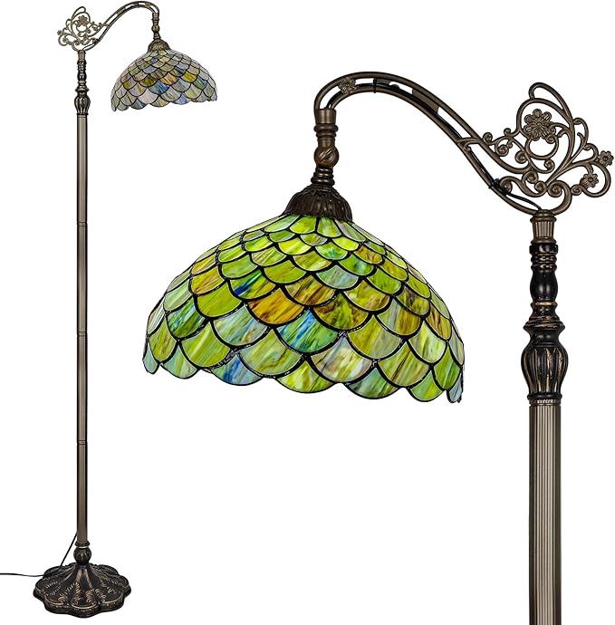 Tiffany Style Stained Glass Floor Lamp, Antique Bronze Base Standing Lamp with Green Fish Scales Shade & Gooseneck Adjustable Corner for Living Room, Bedroom, Home Office 12X18X64 Inches