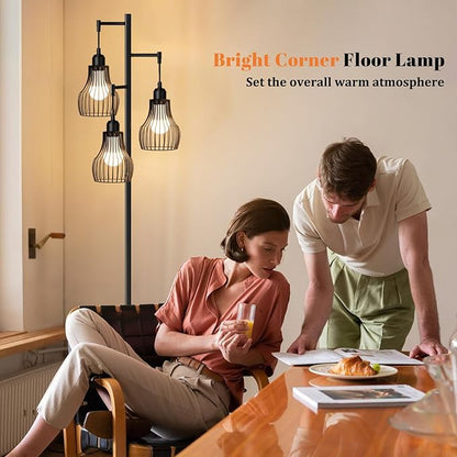 Dimmable Floor Lamps for Living Room, Farmhouse Tree Standing Tall Lamp with Remote Control 3 Elegant Cage Shade LED Bulbs for Bedroom Office - Black