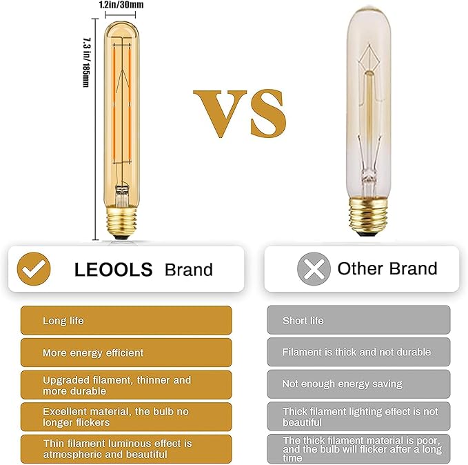 Leools Amber T10 LED Bulb 8W Equal E26 Edison Bulb 60 Watt AC120V Dimmable 7.3inch Tubular Light Bulb Warm White 2700K 600lm E26 LED Bulb for Rustic Pendant,Wall sconces E26 Light Bulbs 6Pack