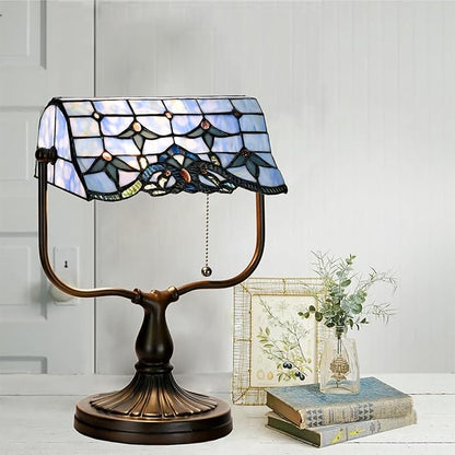 TL0031 Baroque Tiffany Banker Desk Lamp Stained Glass Blue Shade with Vintage Bronze Base W10.25 X OH13 Inches, Art Nouveau Decor for Home Office,LED Bulb Included (Baroque)