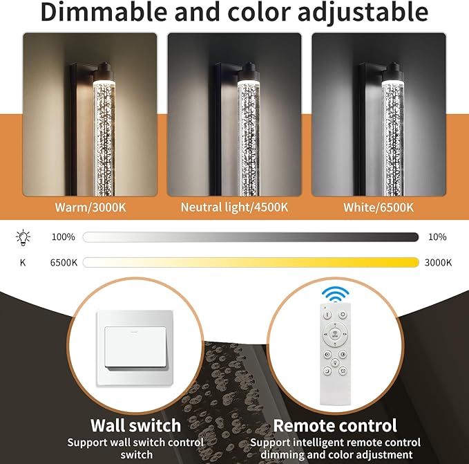 LED Porch Outdoor Wall Lights, 15.7inch Bubble Crystal Waterproof Modern Wall Sconce, 3000K-6500K Dimmable Minimalist Exterior Light Fixtures for House, Garage, Patio, Bathroom, Indoor