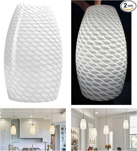 GO&SO 2-Pack Milky-White Ripple Oval Glass Lamp Shades - Hand-Blown Art Glass Pendant Light Fixture, E26 Base, 7.8"H, 1.57" Fitter, Mini Chandelier Replacement Shades Set for Kitchen Dining Room
