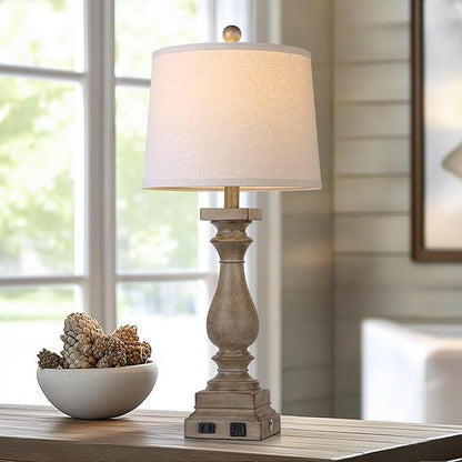 28" Tall Farmhouse Table Lamp with USB C+A Ports and AC Outlet, 3 Way Touch Control Rustic Bedside Lamp for Bedroom, Brown Vintage Nightstand Lamp for Living Room Office