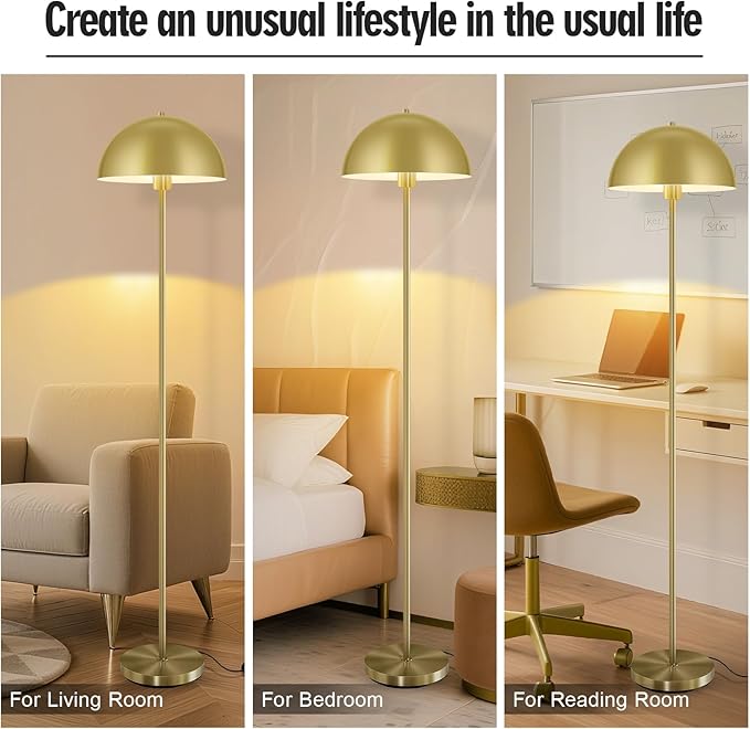 Industrial Floor Lamp, Brass Gold Floor Lamp for Living Room, 66Inch Tall Modern Standing Lamp, Stand Up Lamp with Metal Dome Shade, Mid Century Corner Reading Lamp for Bedroom Office Nursery, NO BULB