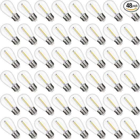 S14 Replacement LED Light Bulbs, Shatterproof & Waterproof 1W S14 LED Bulbs, E26 Base Patio Edison LED Light Bulbs for Outdoor String Lights , Warm White 2200K Plastic 70ML Non-Dimmable 48 Pack