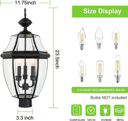 Kalium Outdoor Post Lights, 3 Light Lamp Post Light Fixture Hardwired with Clear Beveled Glass, 23" Large Waterproof Lamp Pillar Fixtures for Yard Pathway Porch Patio 60W Matte Black