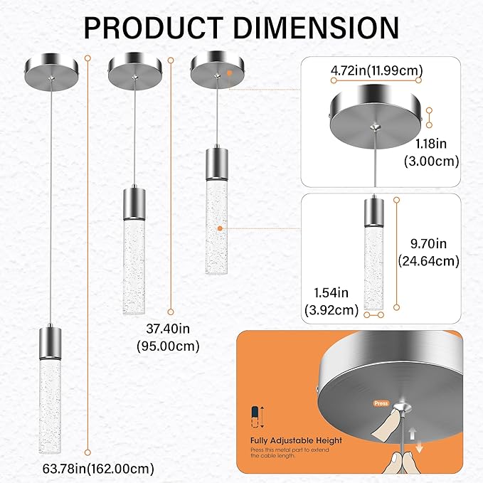 Pendant Lights Kitchen Island, 6500K Modern Kitchen Island Lights Brushed Nickel, 3 Pack Ceiling Lighting Fixtures with Crystal Bubble, Integrated LED Hanging Light for Dining Room Restaurant