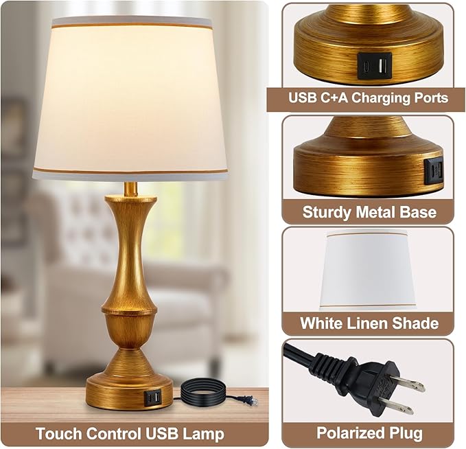 Luvkczc Gold Touch Table Lamps Set of 2, 22" Bedside Lamps with USB C+A Ports,Dimmable Nightstand Lamps with White Lampshade,Table Lamps for Bedroom Living Room Bedroom Office, Bulbs Included