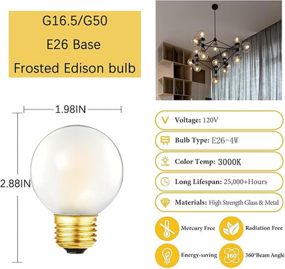Dimmable g16.5 LED Light Bulb 40W Edison Globe Light Bulb,4W Equal 40 watt Light Bulb, 3000K 400lm AC120V,E26 Frosted Chandelier led Bulb for Chandelier,Vanity and Ceiling Fan,6Pack (4W-3000K)