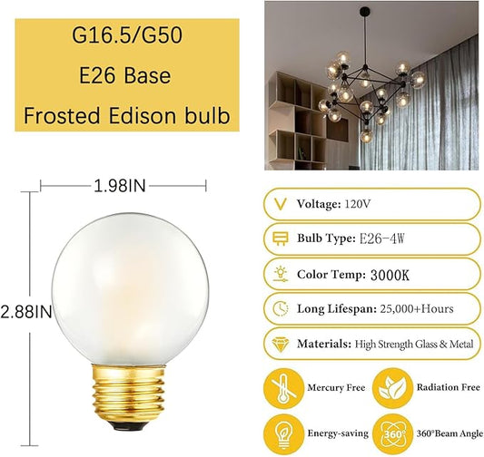 Dimmable g16.5 LED Light Bulb 40W Edison Globe Light Bulb,4W Equal 40 watt Light Bulb, 3000K 400lm AC120V,E26 Frosted Chandelier led Bulb for Chandelier,Vanity and Ceiling Fan,6Pack (4W-3000K)